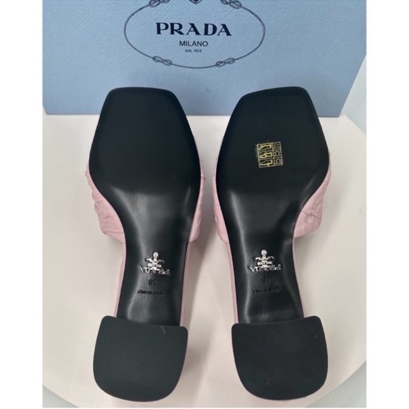 Prada Crinkled Leather Block-Heel Slip on Logo Mules Sandals size 8 Pink New - Picture 7 of 14